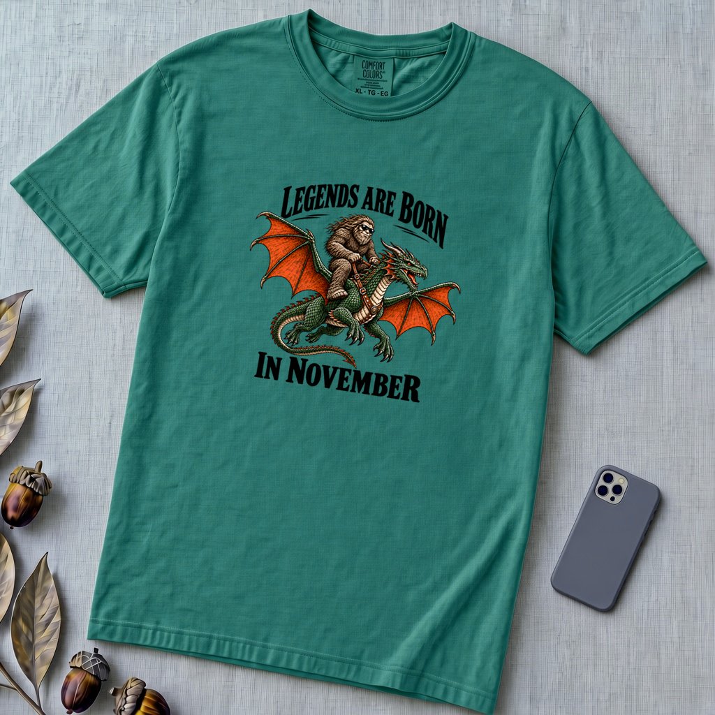 Legends Are Born In November T-Shirt, Bigfoot Dragon Birthday Tee - Emerald unfolded t-shirt mockup