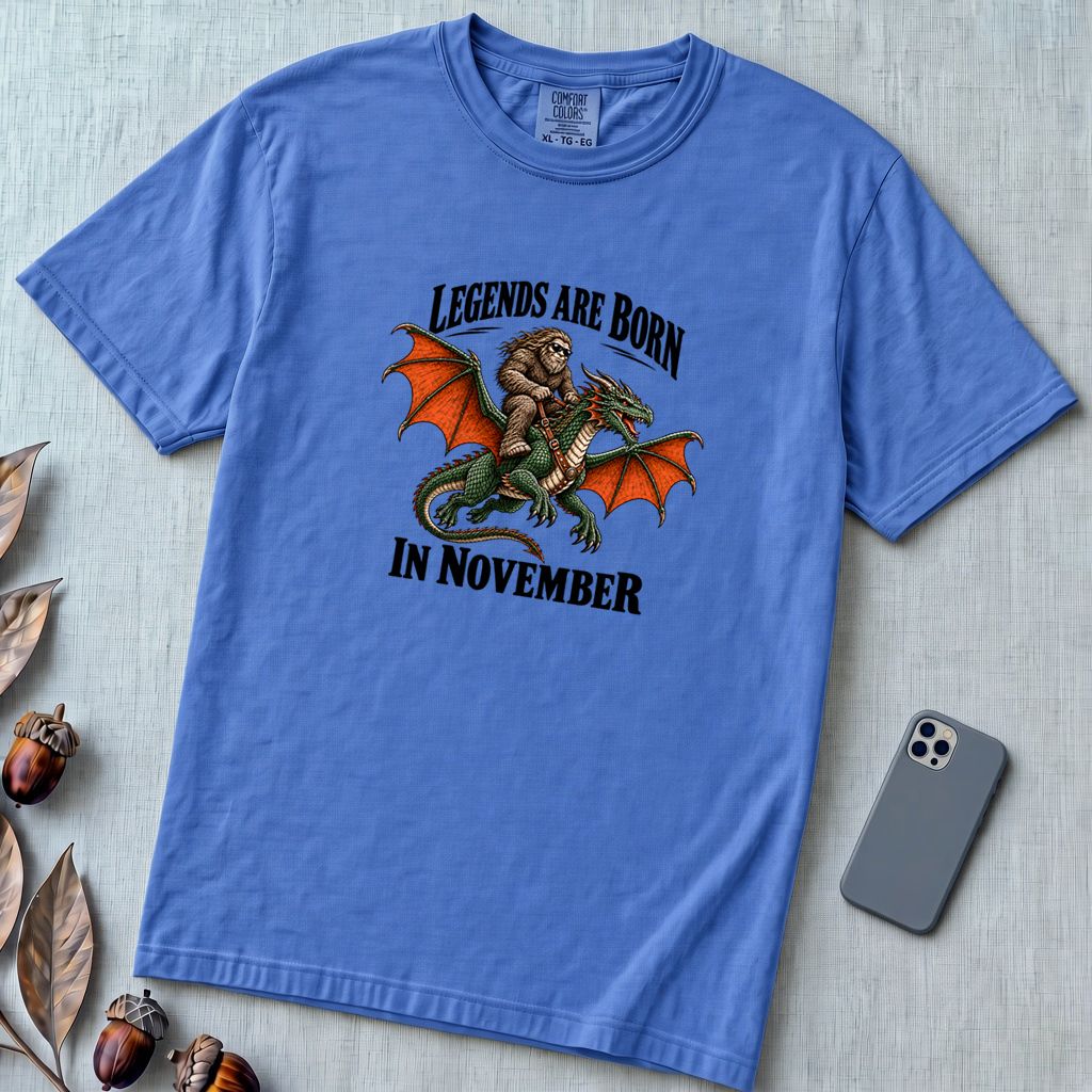 Legends Are Born In November T-Shirt, Bigfoot Dragon Birthday Tee - Flo Blue unfolded t-shirt mockup