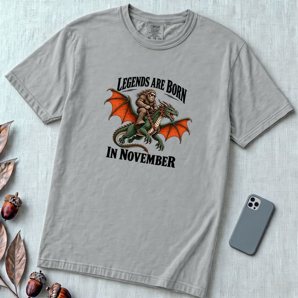 Legends Are Born In November T-Shirt, Bigfoot Dragon Birthday Tee - Granite unfolded t-shirt mockup