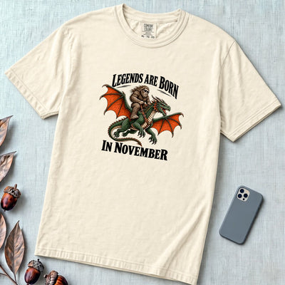 Legends Are Born In November T-Shirt, Bigfoot Dragon Birthday Tee - Ivory unfolded t-shirt mockup