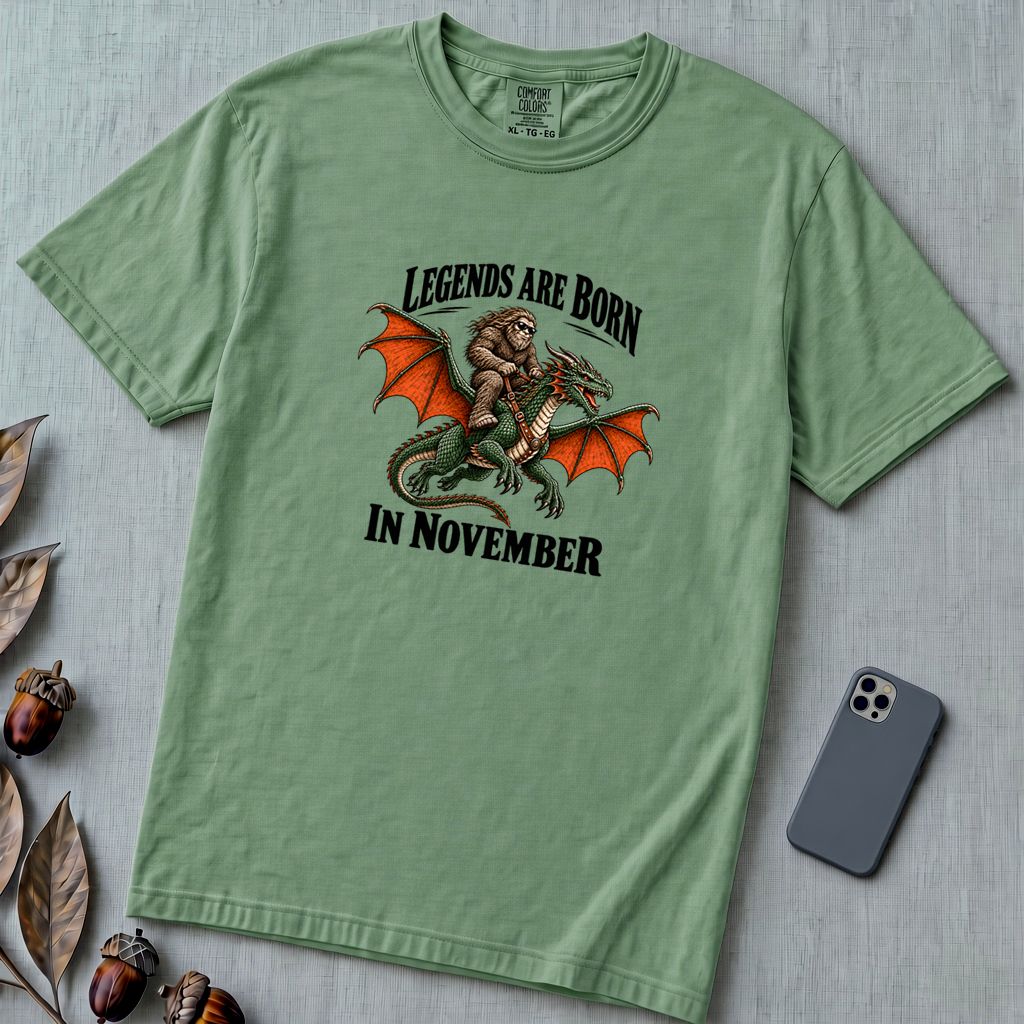 Legends Are Born In November T-Shirt, Bigfoot Dragon Birthday Tee - Light Green unfolded t-shirt mockup