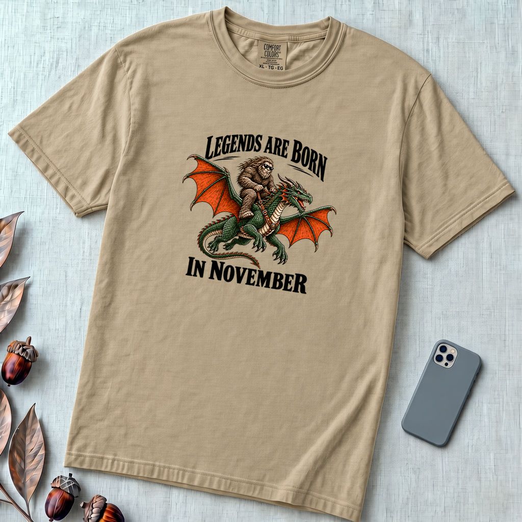 Legends Are Born In November T-Shirt, Bigfoot Dragon Birthday Tee - Sandstone unfolded t-shirt mockup