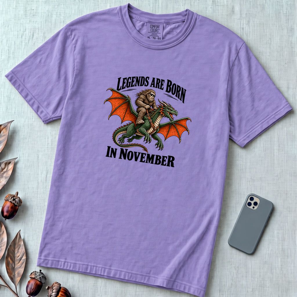 Legends Are Born In November T-Shirt, Bigfoot Dragon Birthday Tee - Violet unfolded t-shirt mockup