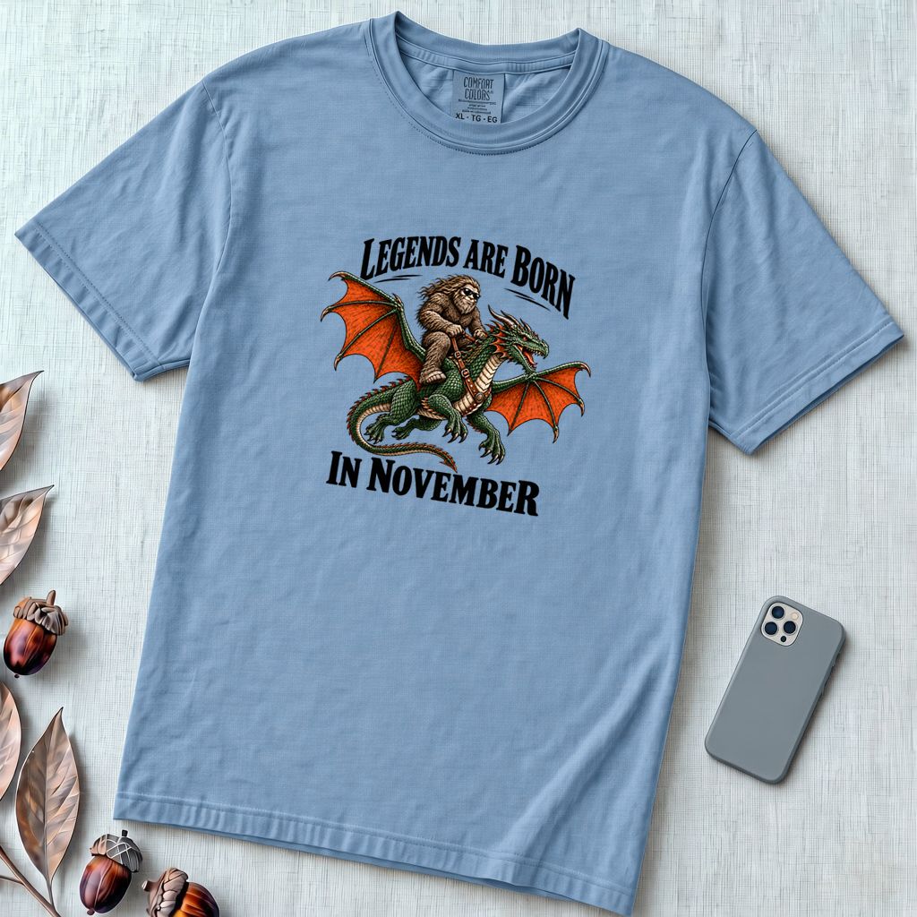 Legends Are Born In November T-Shirt, Bigfoot Dragon Birthday Tee - Washed Denim unfolded t-shirt mockup