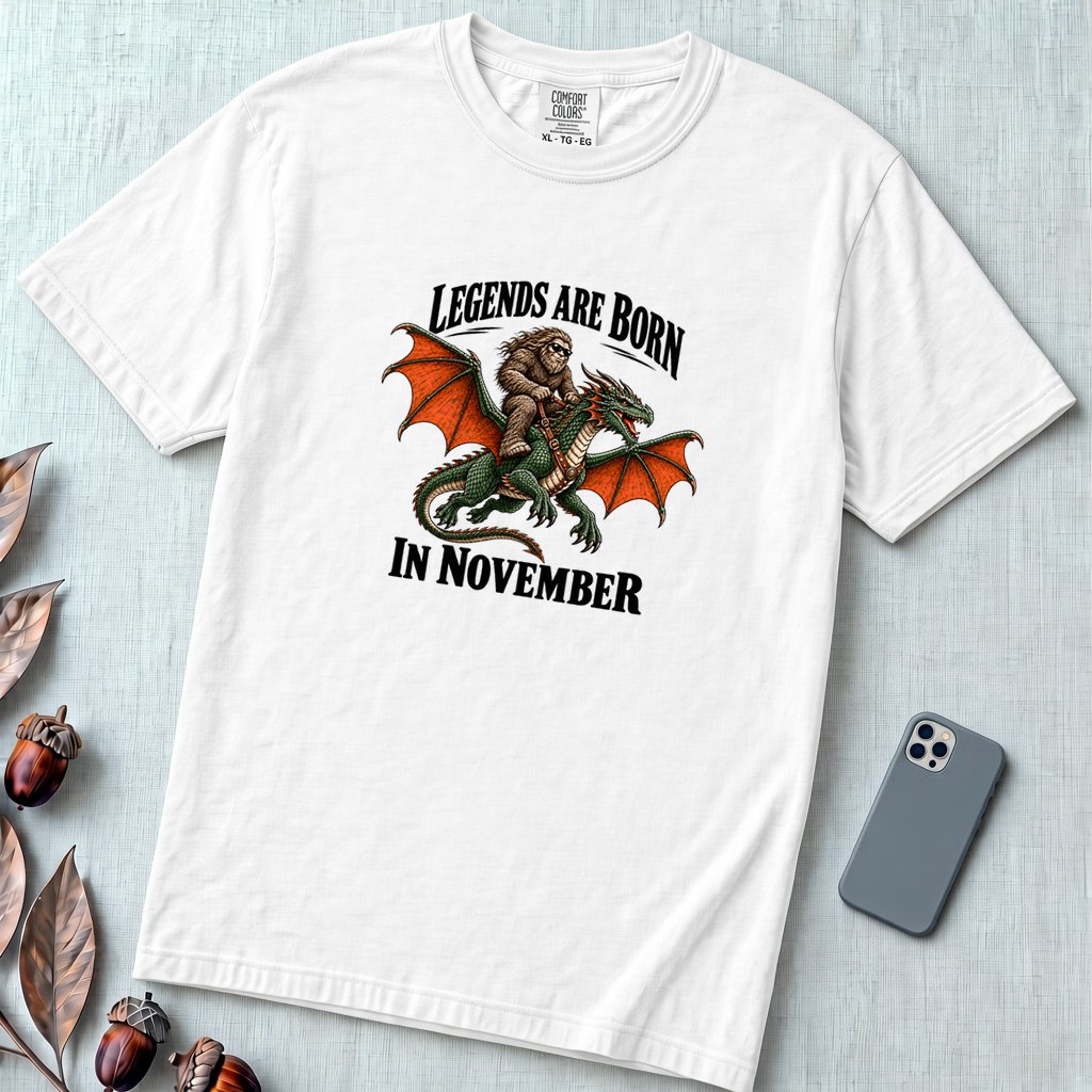 Legends Are Born In November T-Shirt, Bigfoot Dragon Birthday Tee - White unfolded t-shirt mockup