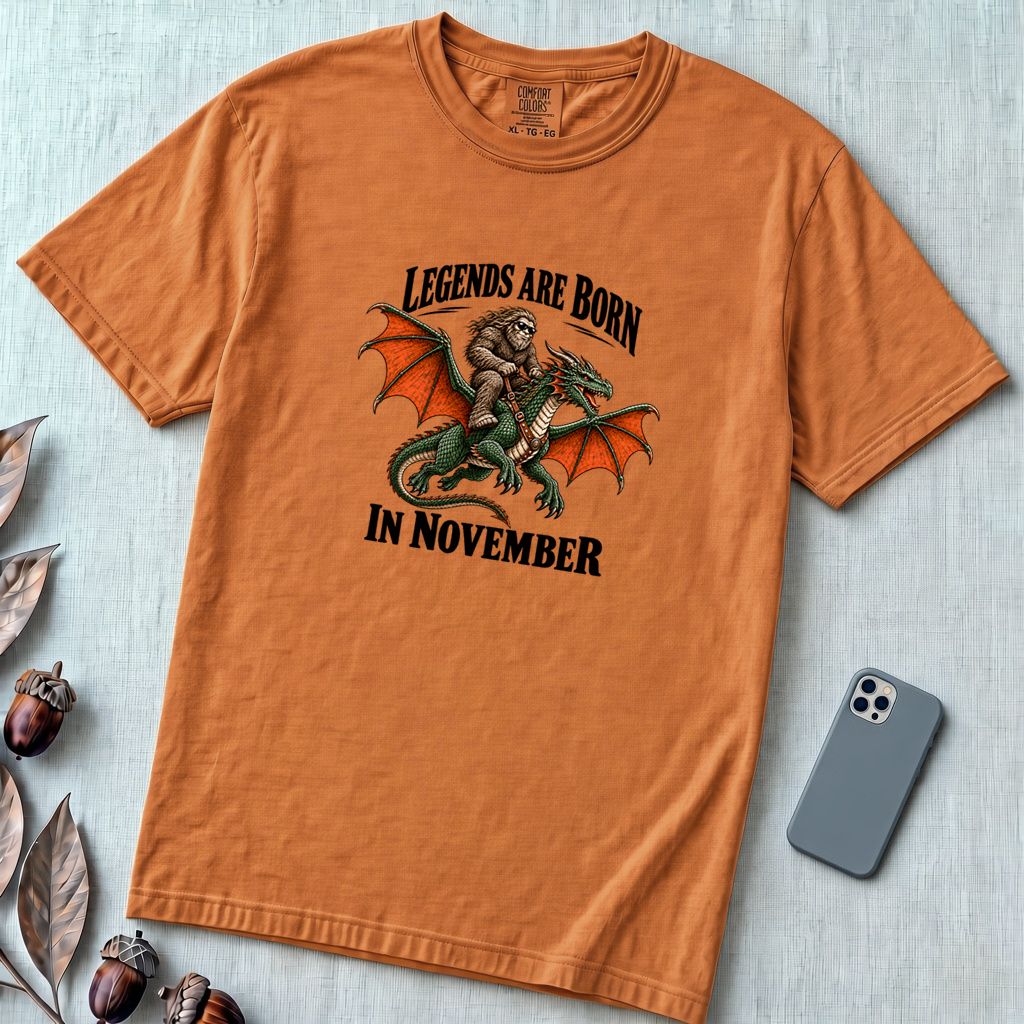 Legends Are Born In November T-Shirt, Bigfoot Dragon Birthday Tee - Yam unfolded t-shirt mockup