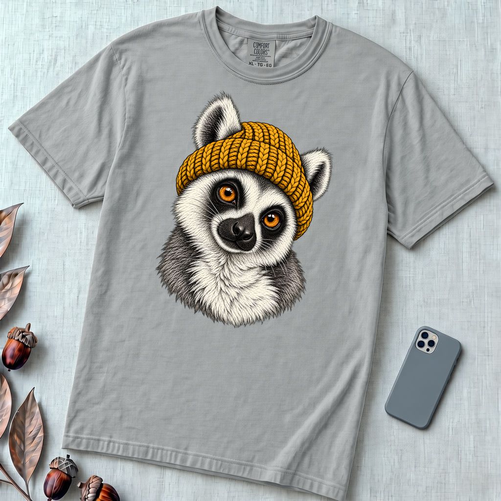 Lemur in a Yellow Beanie T-Shirt - Granite unfolded t-shirt mockup
