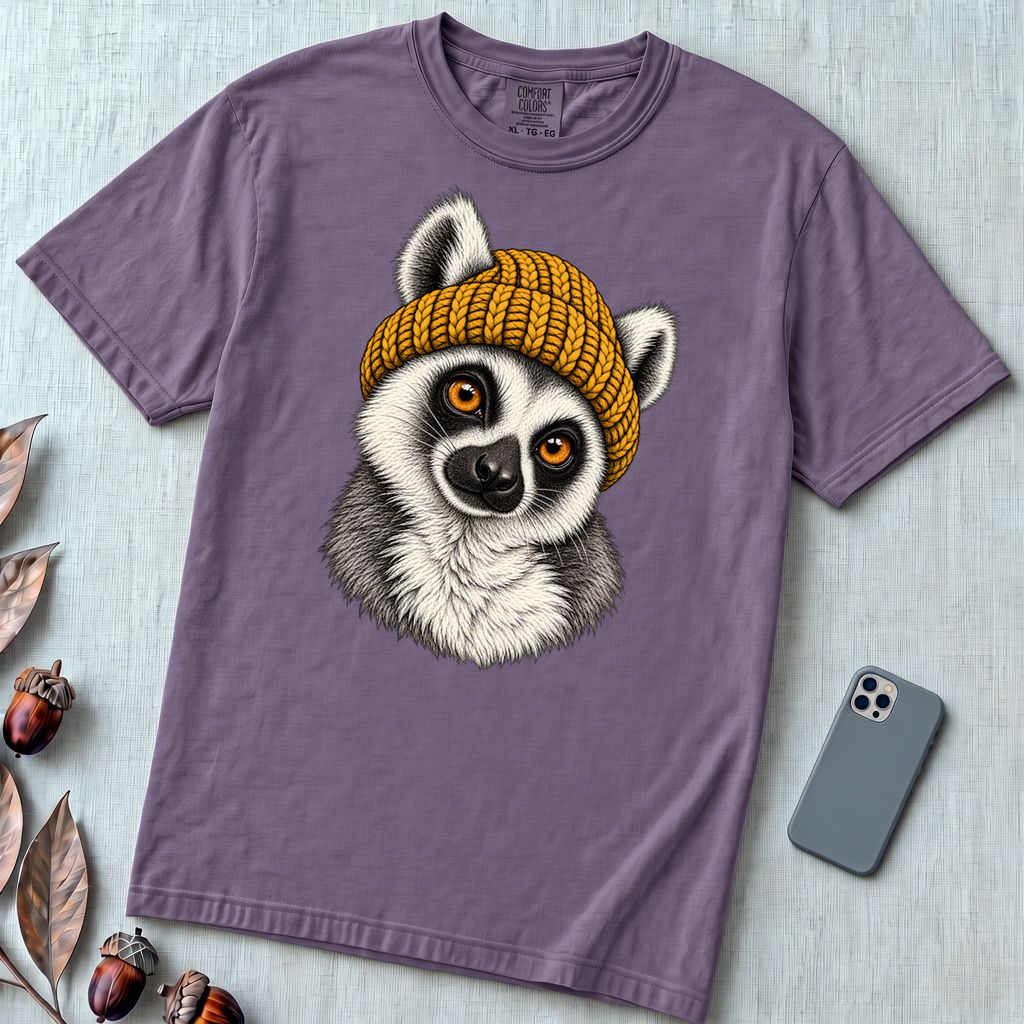 Lemur in a Yellow Beanie T-Shirt - Grape unfolded t-shirt mockup