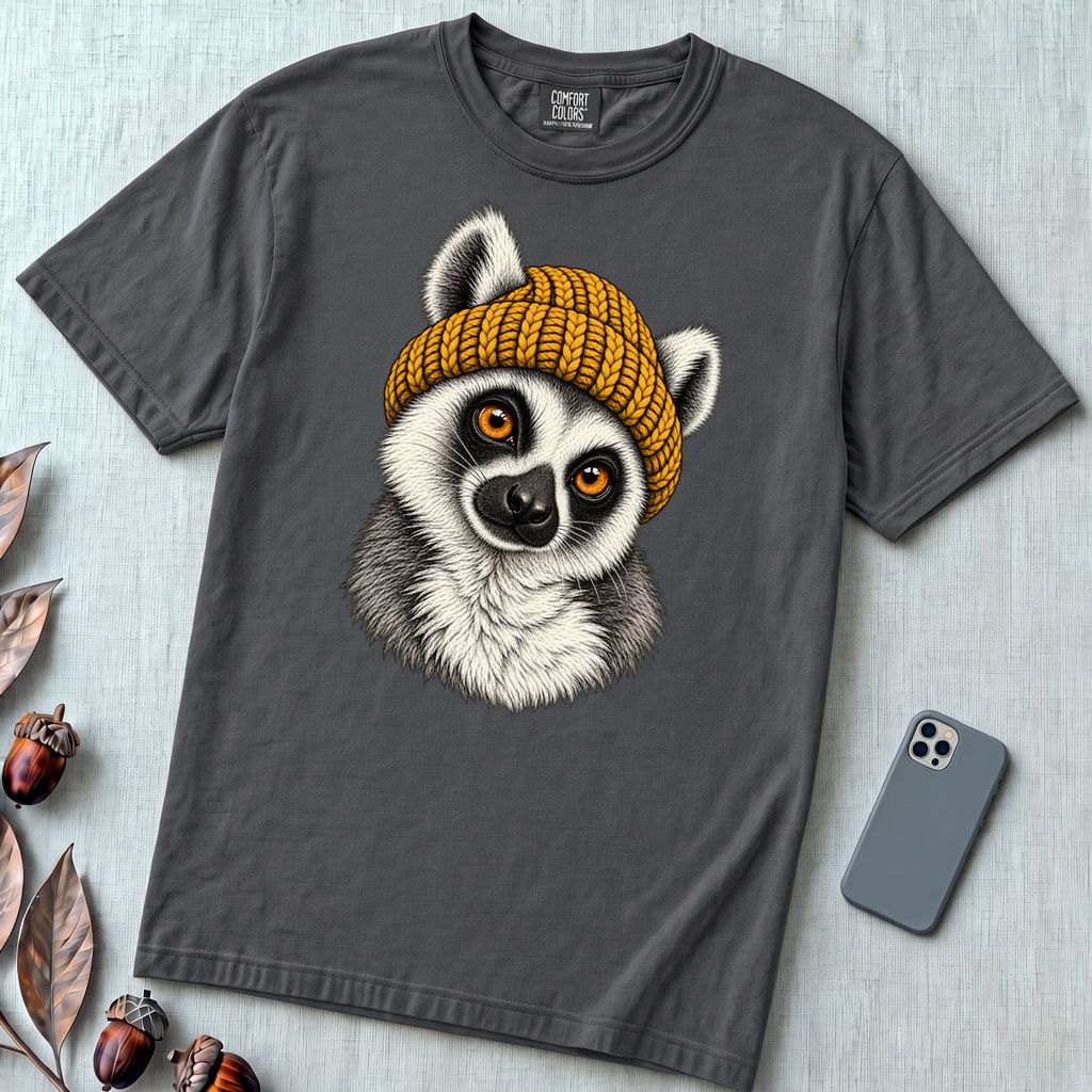 Lemur in a Yellow Beanie T-Shirt - Graphite unfolded t-shirt mockup