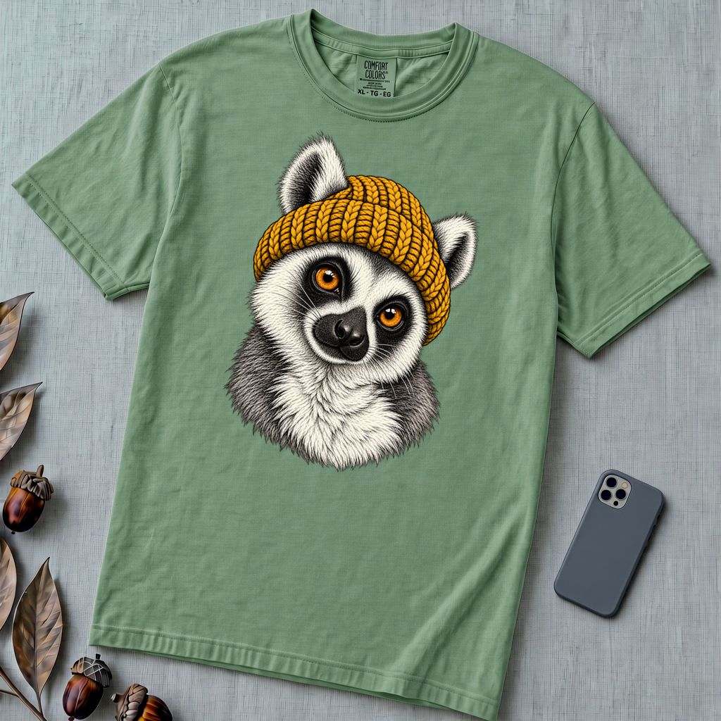Lemur in a Yellow Beanie T-Shirt - Light Green unfolded t-shirt mockup
