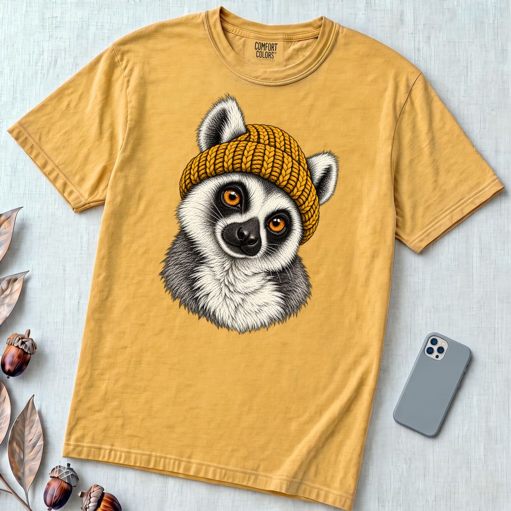 Lemur in a Yellow Beanie T-Shirt - Mustard unfolded t-shirt mockup
