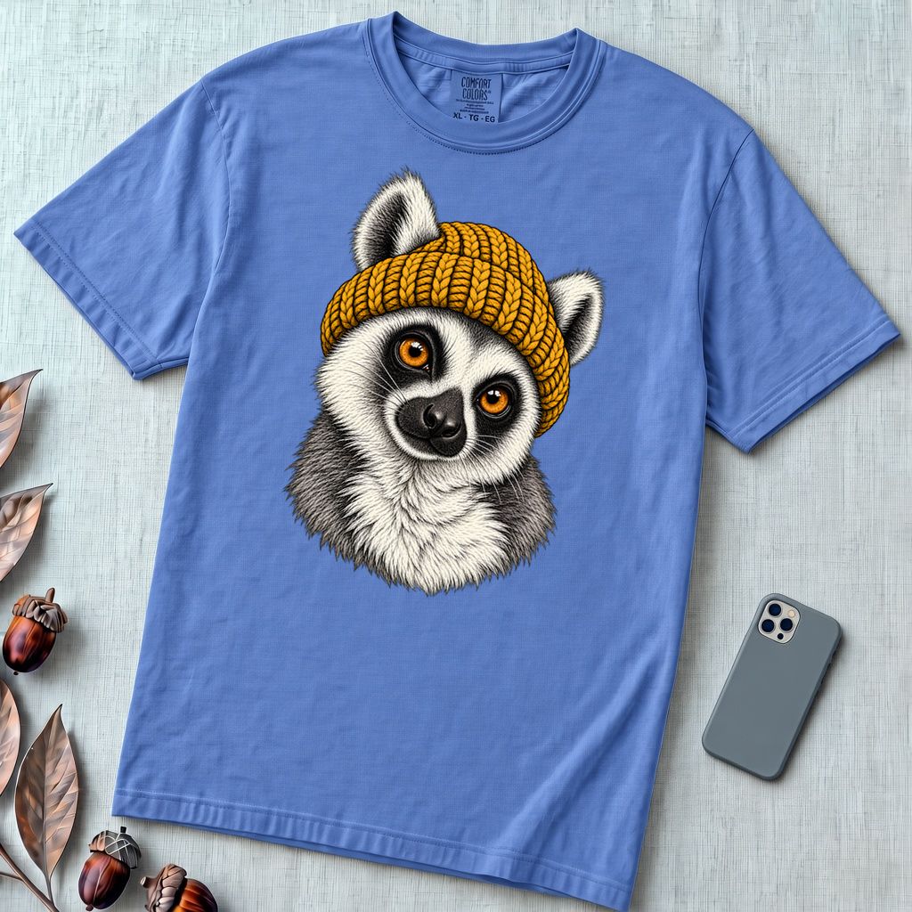 Lemur in a Yellow Beanie T-Shirt - Mystic Blue unfolded t-shirt mockup