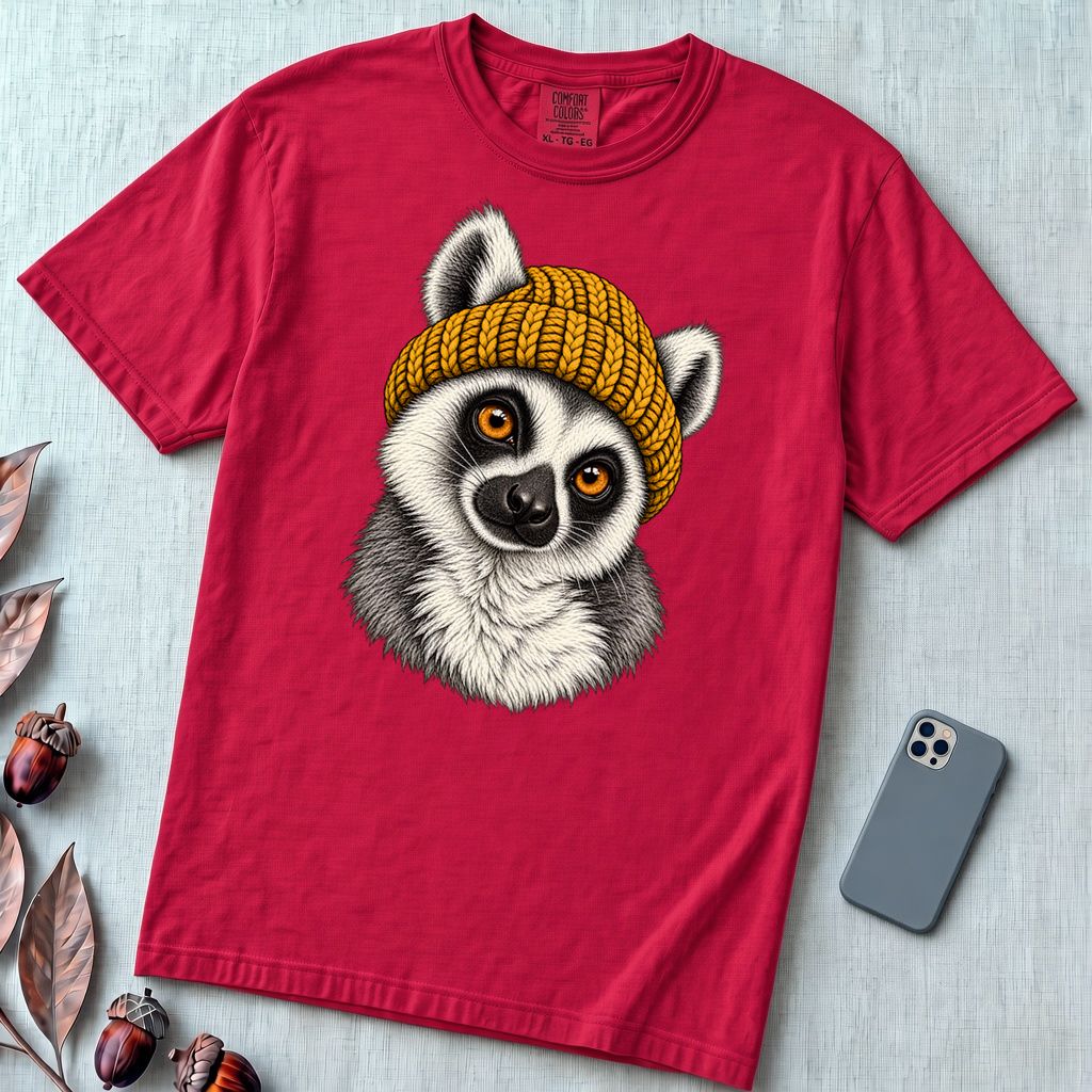 Lemur in a Yellow Beanie T-Shirt - Red unfolded t-shirt mockup
