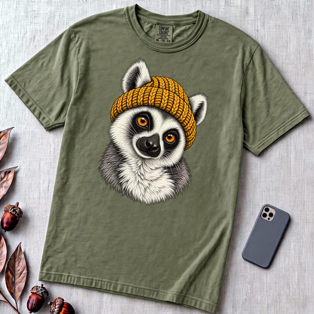 Lemur in a Yellow Beanie T-Shirt - Sage unfolded t-shirt mockup