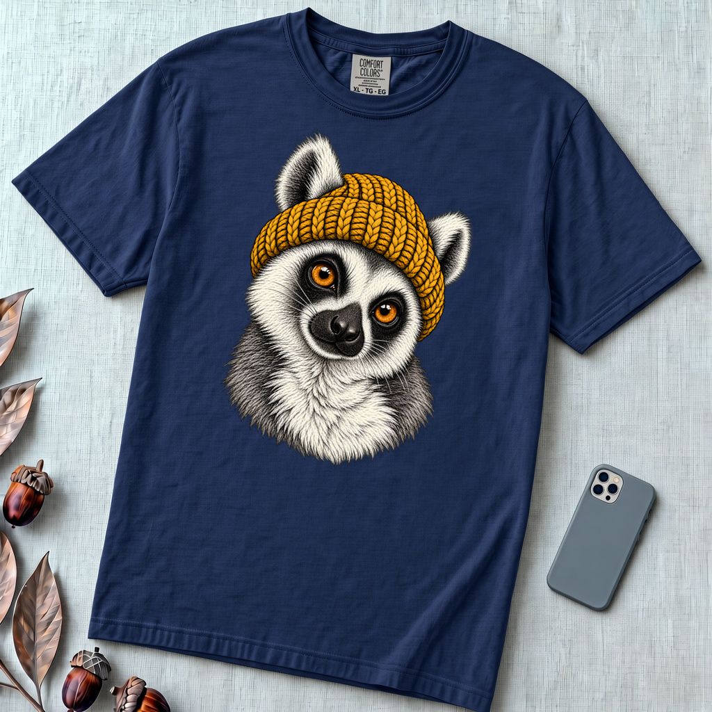 Lemur in a Yellow Beanie T-Shirt - True Navy unfolded t-shirt mockup