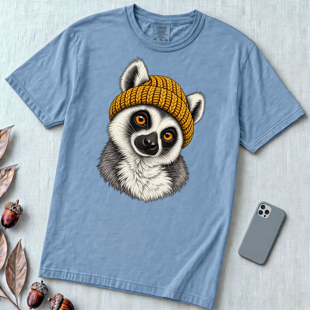 Lemur in a Yellow Beanie T-Shirt - Washed Denim unfolded t-shirt mockup