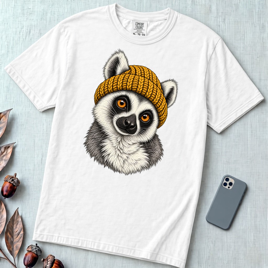 Lemur in a Yellow Beanie T-Shirt - White unfolded t-shirt mockup