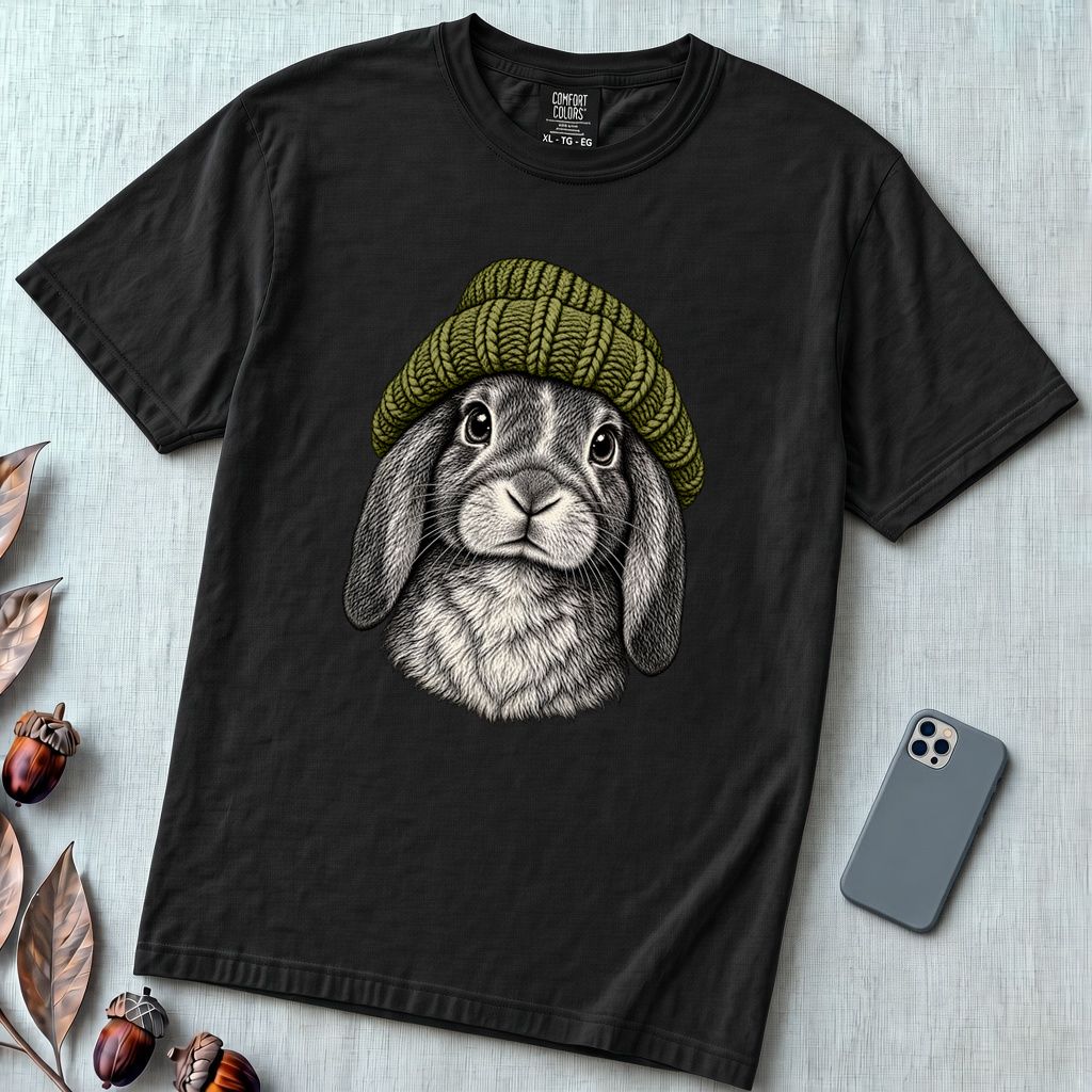 Lop-Eared Rabbit in a Beanie T-Shirt - Black unfolded t-shirt mockup