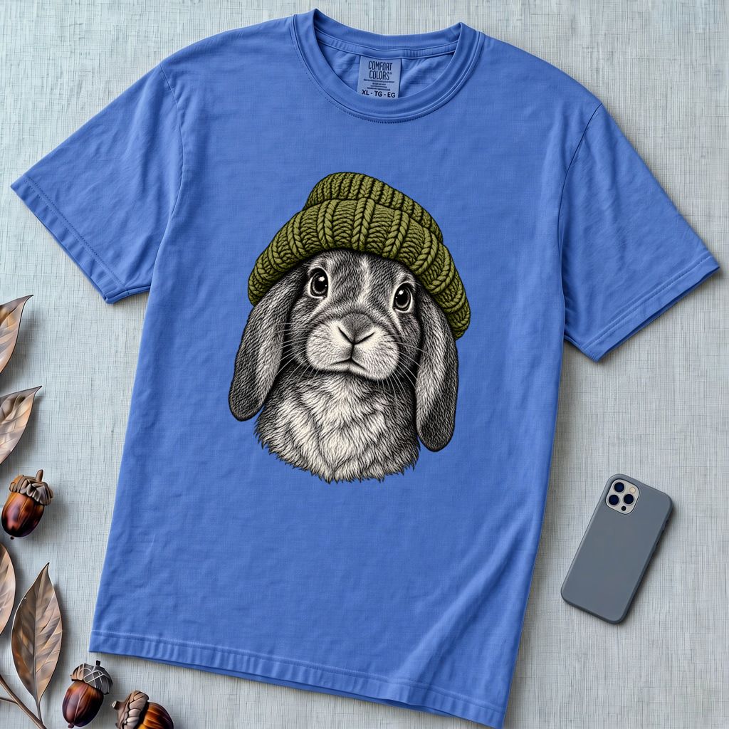 Lop-Eared Rabbit in a Beanie T-Shirt - Flo Blue unfolded t-shirt mockup