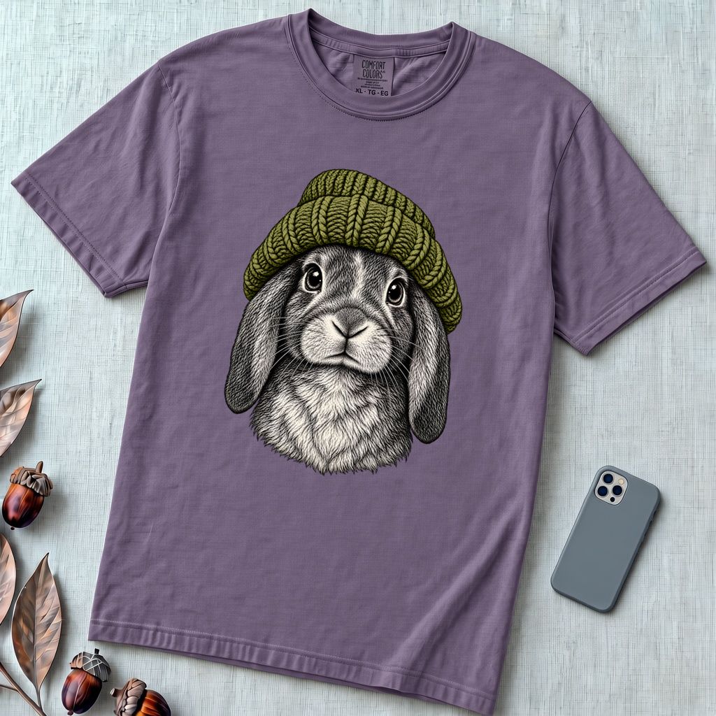 Lop-Eared Rabbit in a Beanie T-Shirt - Grape unfolded t-shirt mockup