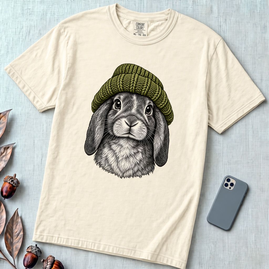 Lop-Eared Rabbit in a Beanie T-Shirt - Ivory unfolded t-shirt mockup