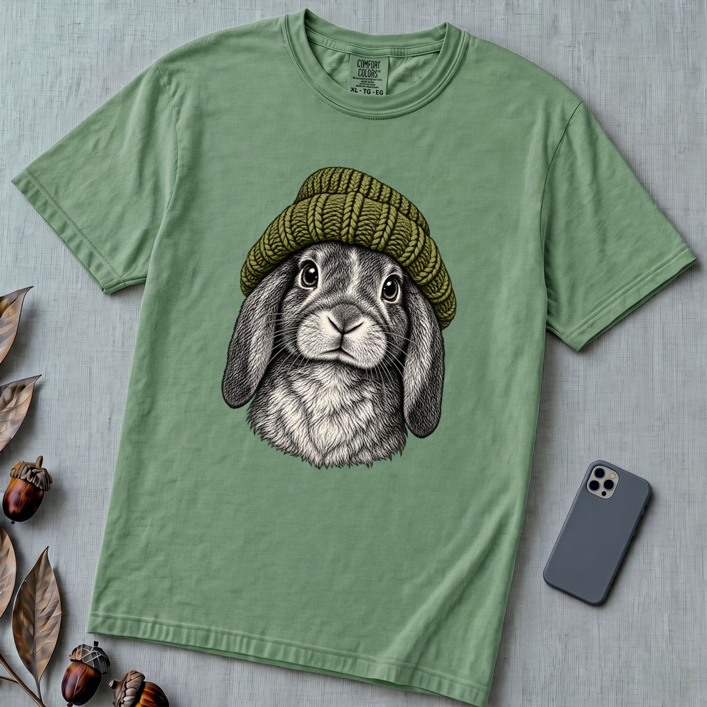 Lop-Eared Rabbit in a Beanie T-Shirt - Light Green unfolded t-shirt mockup