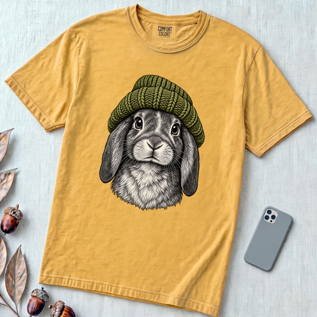 Lop-Eared Rabbit in a Beanie T-Shirt - Mustard unfolded t-shirt mockup