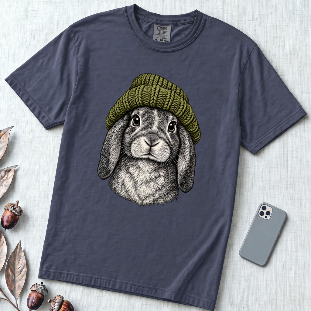 Lop-Eared Rabbit in a Beanie T-Shirt - Navy unfolded t-shirt mockup