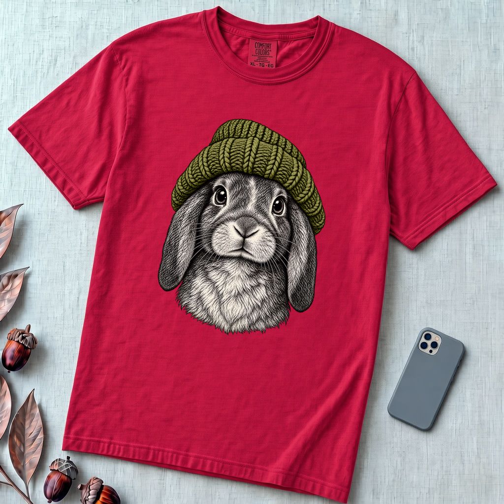 Lop-Eared Rabbit in a Beanie T-Shirt - Red unfolded t-shirt mockup