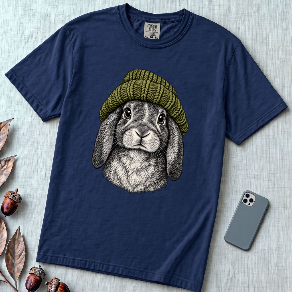 Lop-Eared Rabbit in a Beanie T-Shirt - True Navy unfolded t-shirt mockup