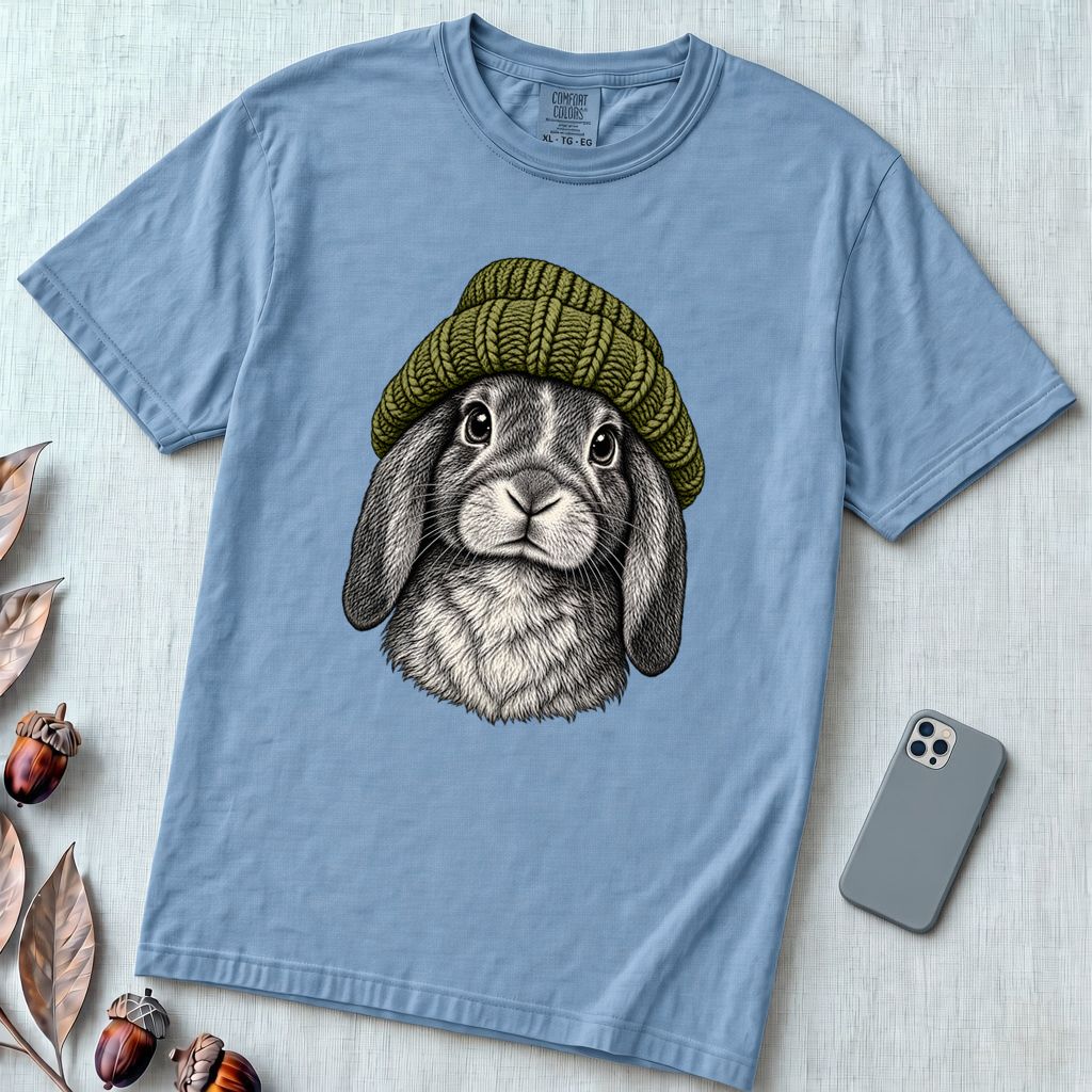 Lop-Eared Rabbit in a Beanie T-Shirt - Washed Denim unfolded t-shirt mockup