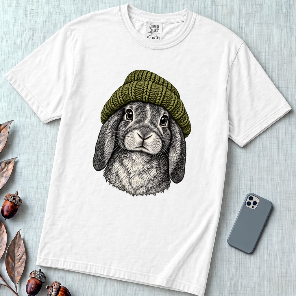 Lop-Eared Rabbit in a Beanie T-Shirt - White unfolded t-shirt mockup