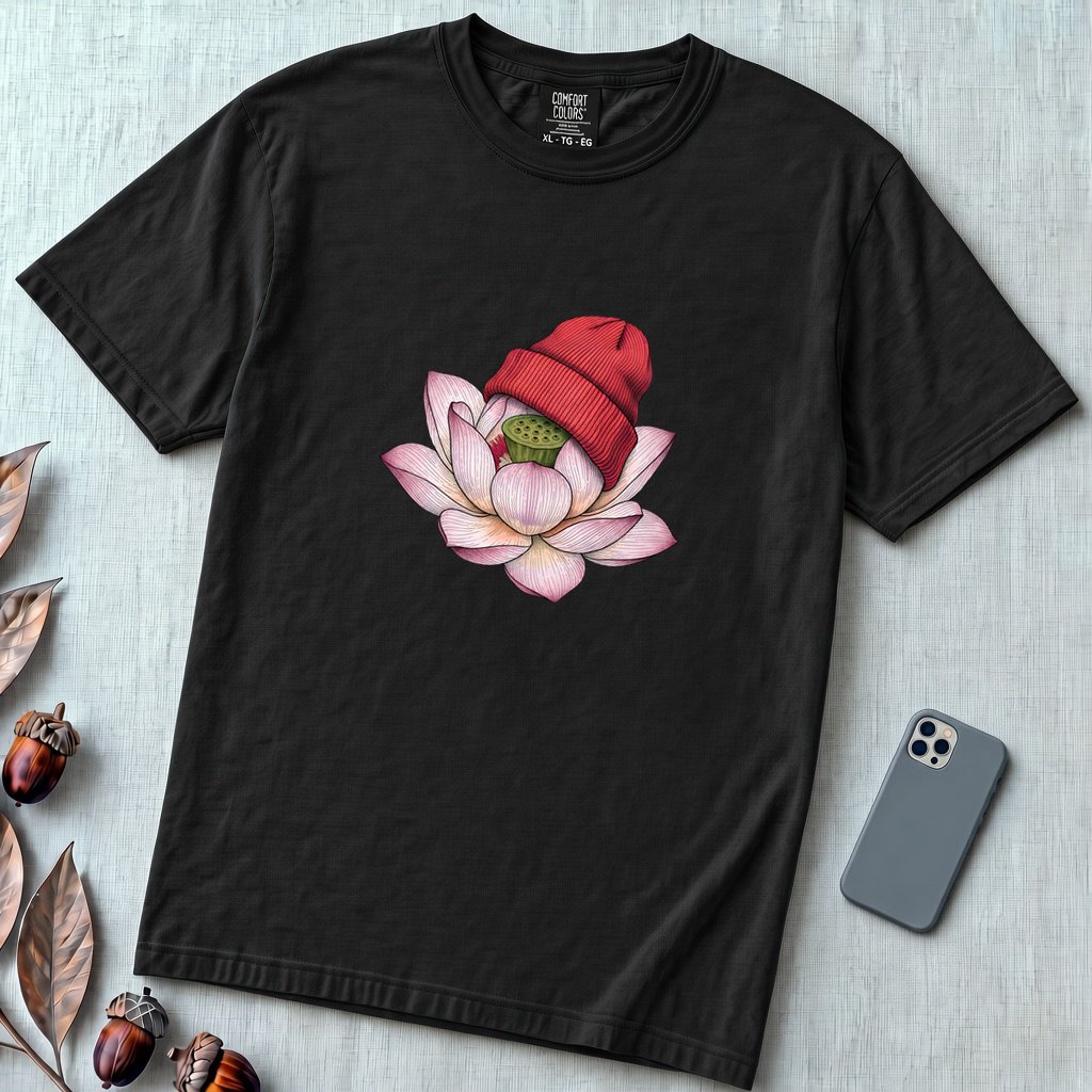 Lotus in Beanie T-Shirt - Black unfolded t-shirt mockup
