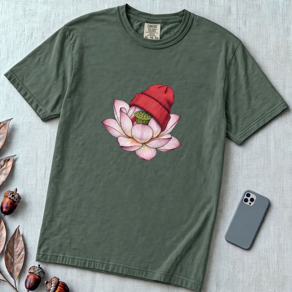 Lotus in Beanie T-Shirt - Blue Spruce unfolded t-shirt mockup