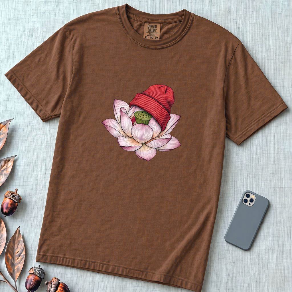 Lotus in Beanie T-Shirt - Espresso unfolded t-shirt mockup
