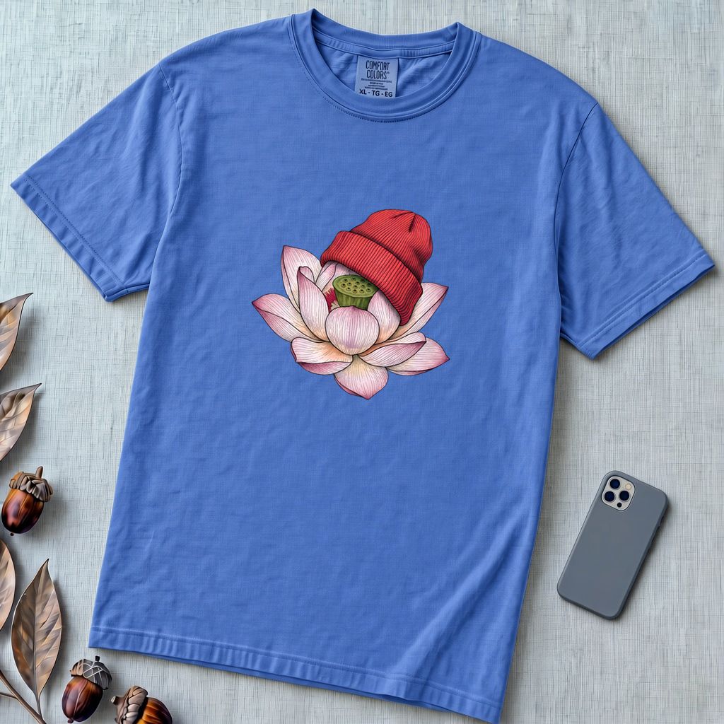 Lotus in Beanie T-Shirt - Flo Blue unfolded t-shirt mockup