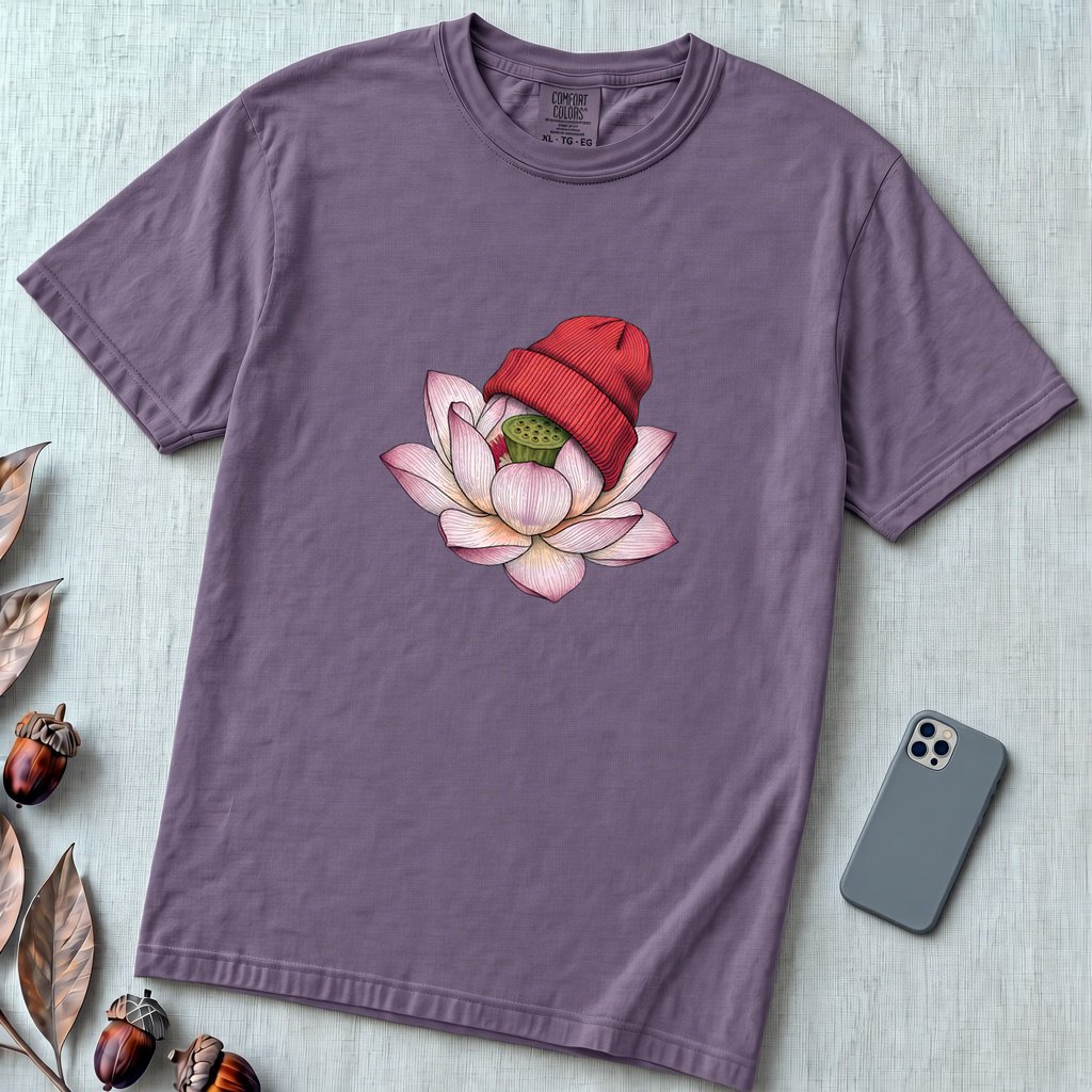 Lotus in Beanie T-Shirt - Grape unfolded t-shirt mockup