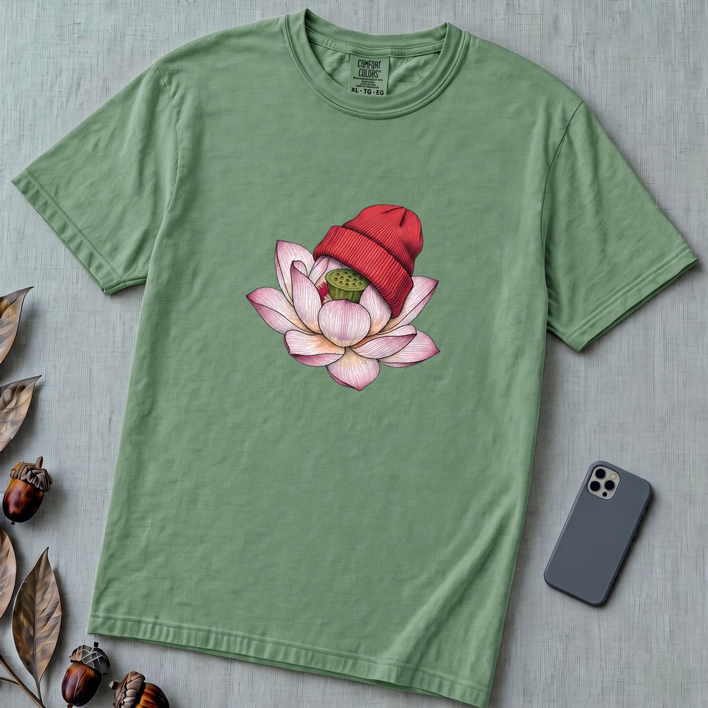 Lotus in Beanie T-Shirt - Light Green unfolded t-shirt mockup