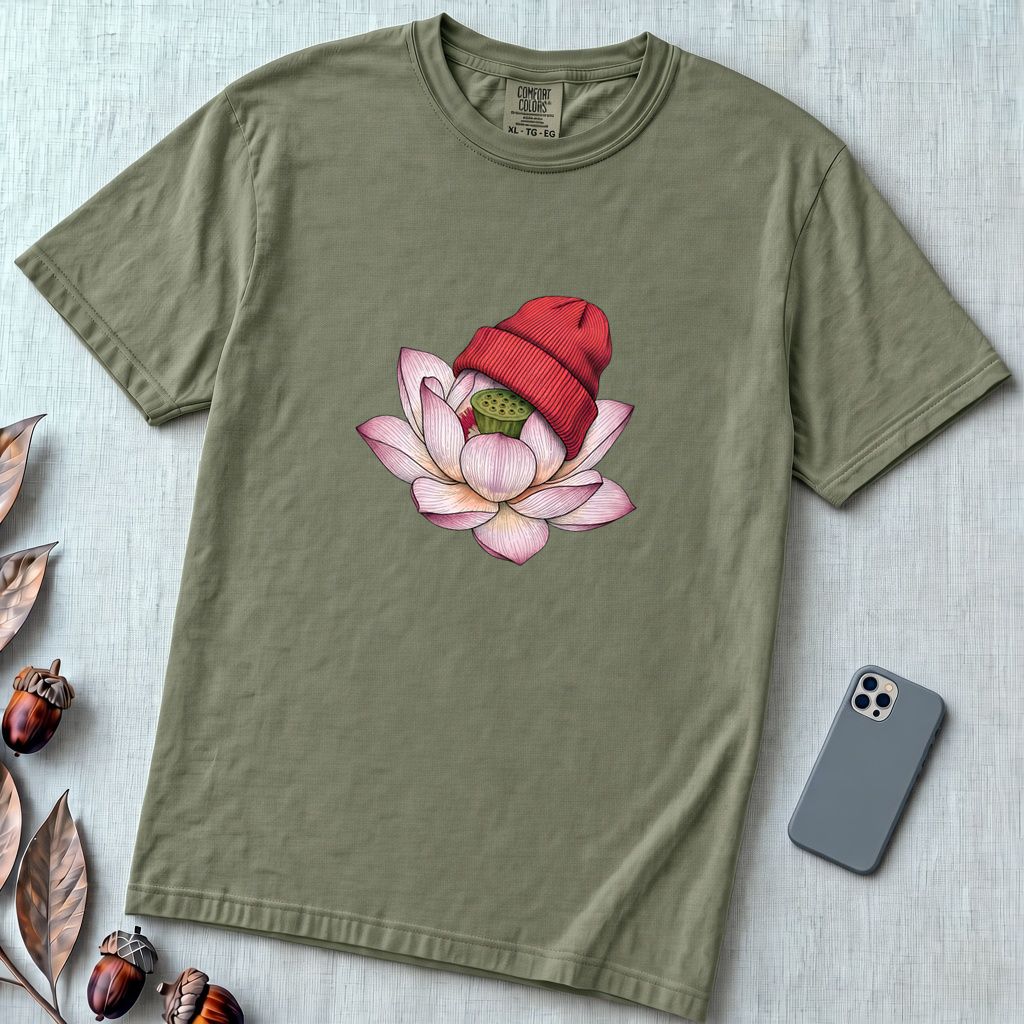 Lotus in Beanie T-Shirt - Moss unfolded t-shirt mockup