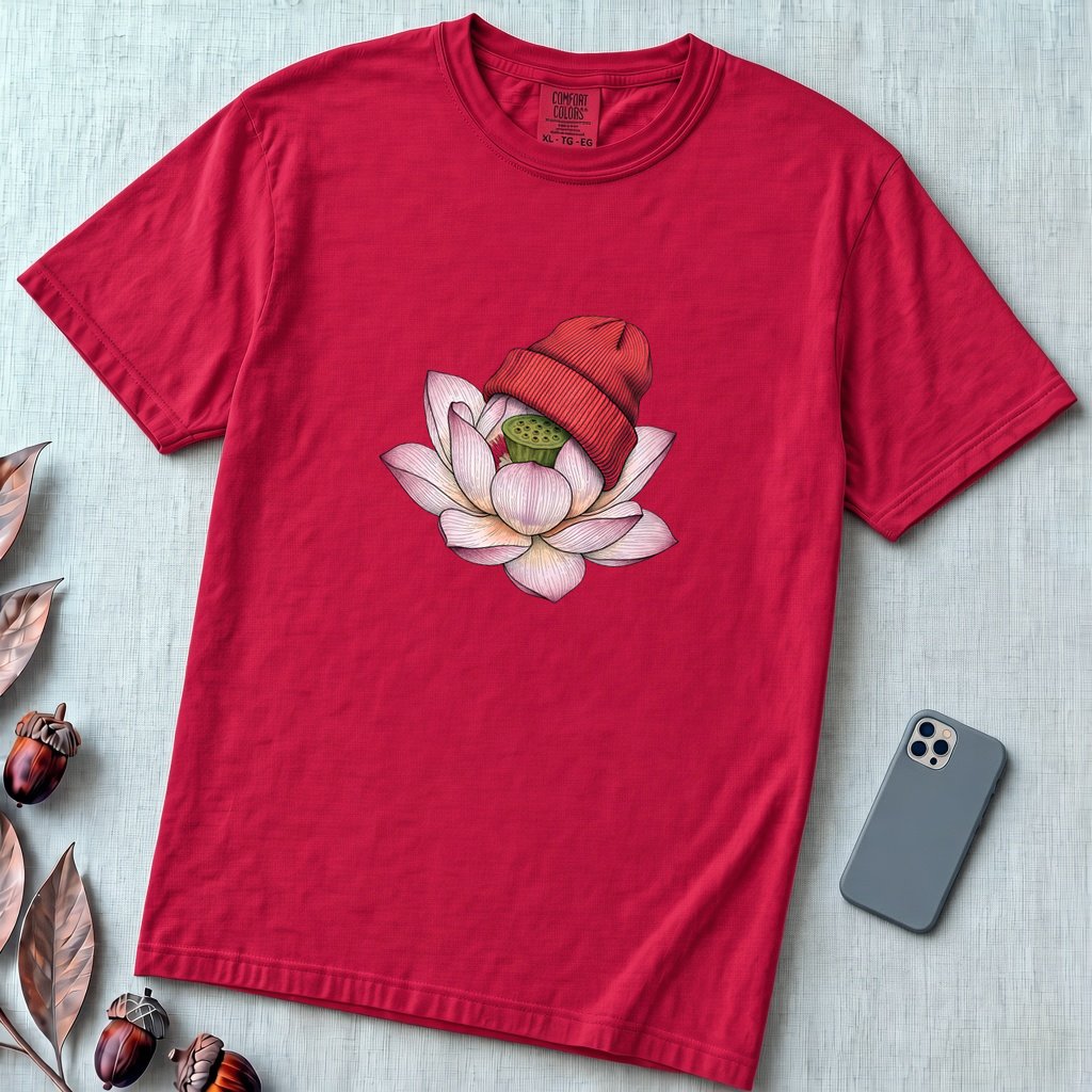 Lotus in Beanie T-Shirt - Red unfolded t-shirt mockup