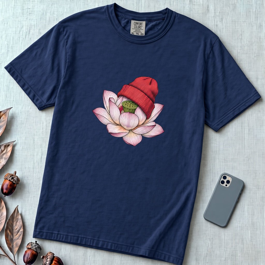 Lotus in Beanie T-Shirt - True Navy unfolded t-shirt mockup