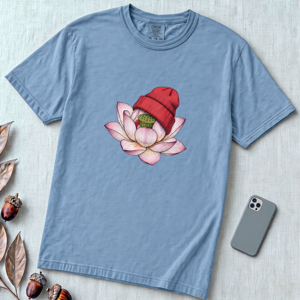 Lotus in Beanie T-Shirt - Washed Denim unfolded t-shirt mockup