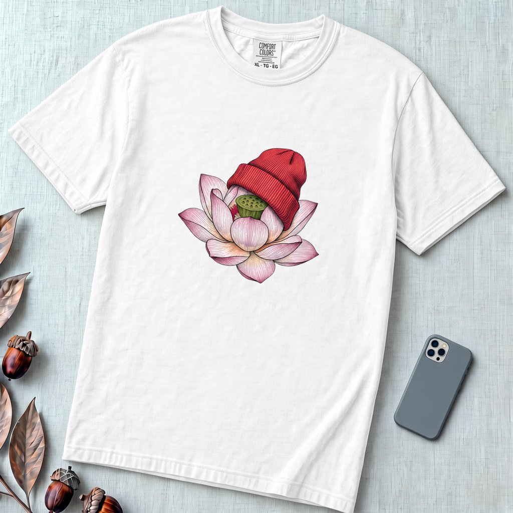 Lotus in Beanie T-Shirt - White unfolded t-shirt mockup