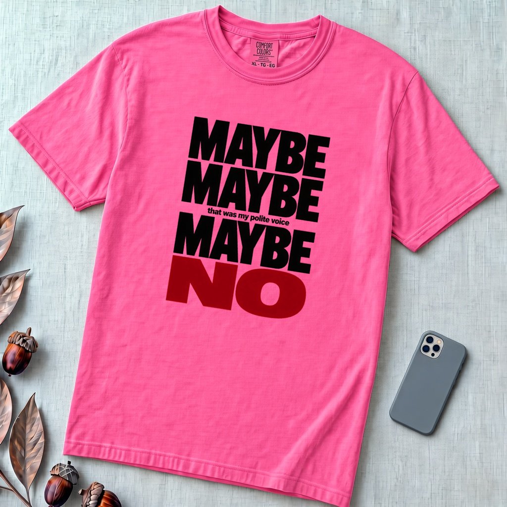 Maybe Maybe Maybe No, Funny Sarcastic T-Shirt - Neon Pink unfolded t-shirt mockup