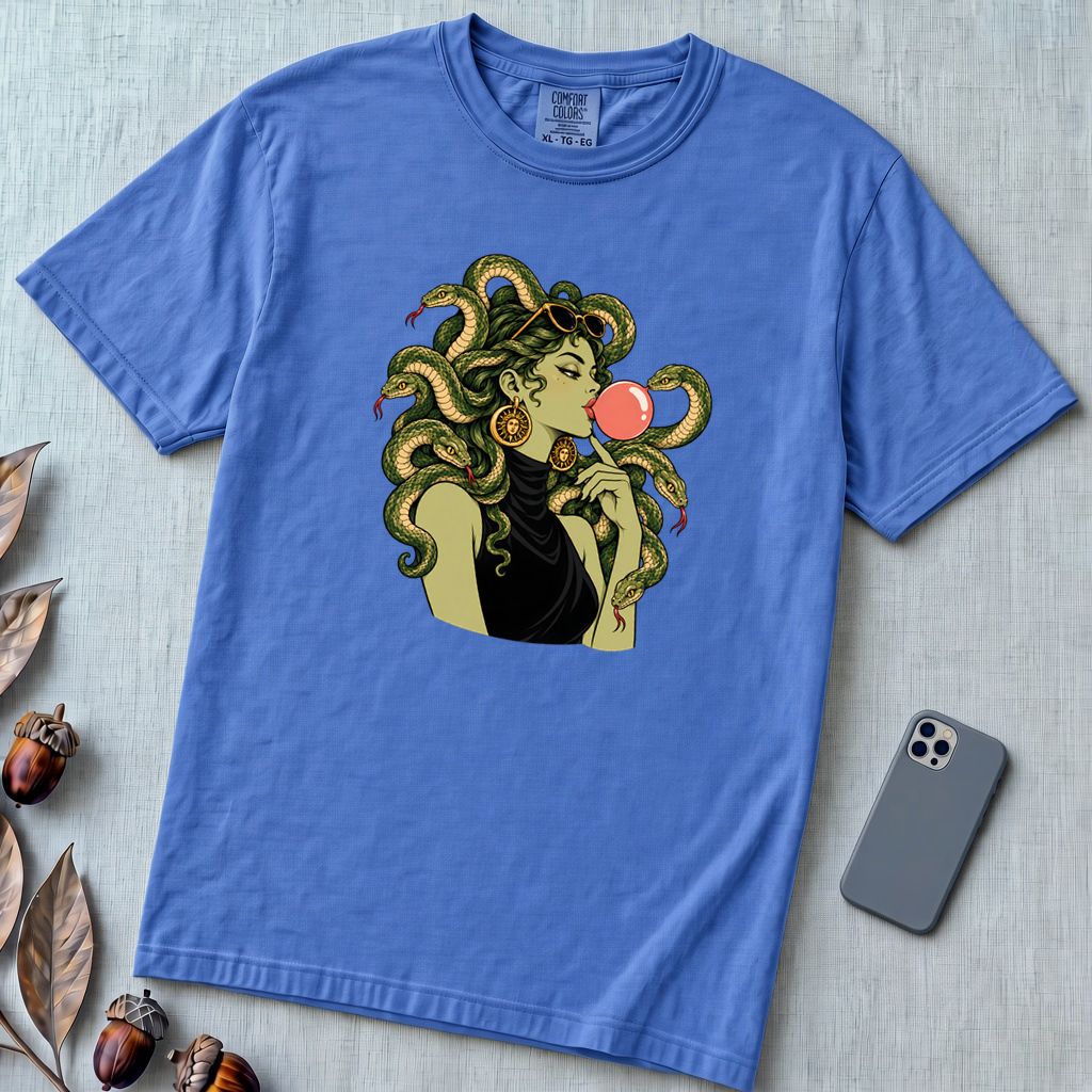 Medusa Bubblegum T-Shirt - Flo Blue unfolded t-shirt mockup