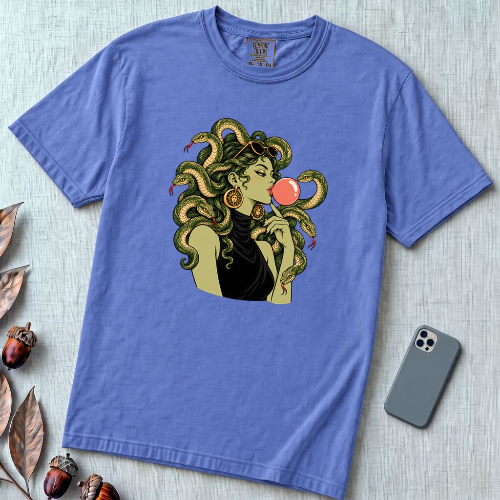 Medusa Bubblegum T-Shirt - Flo Blue unfolded t-shirt mockup