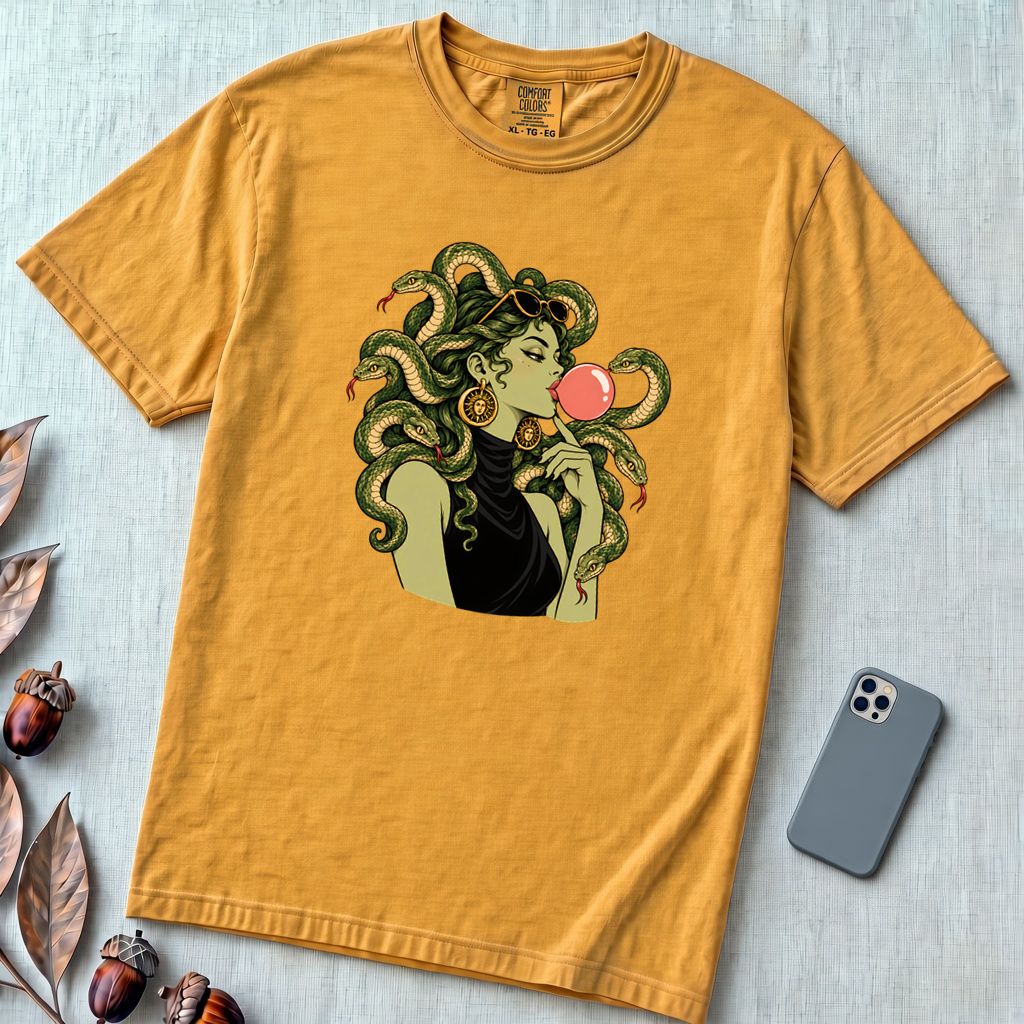 Medusa Bubblegum T-Shirt - Mustard unfolded t-shirt mockup