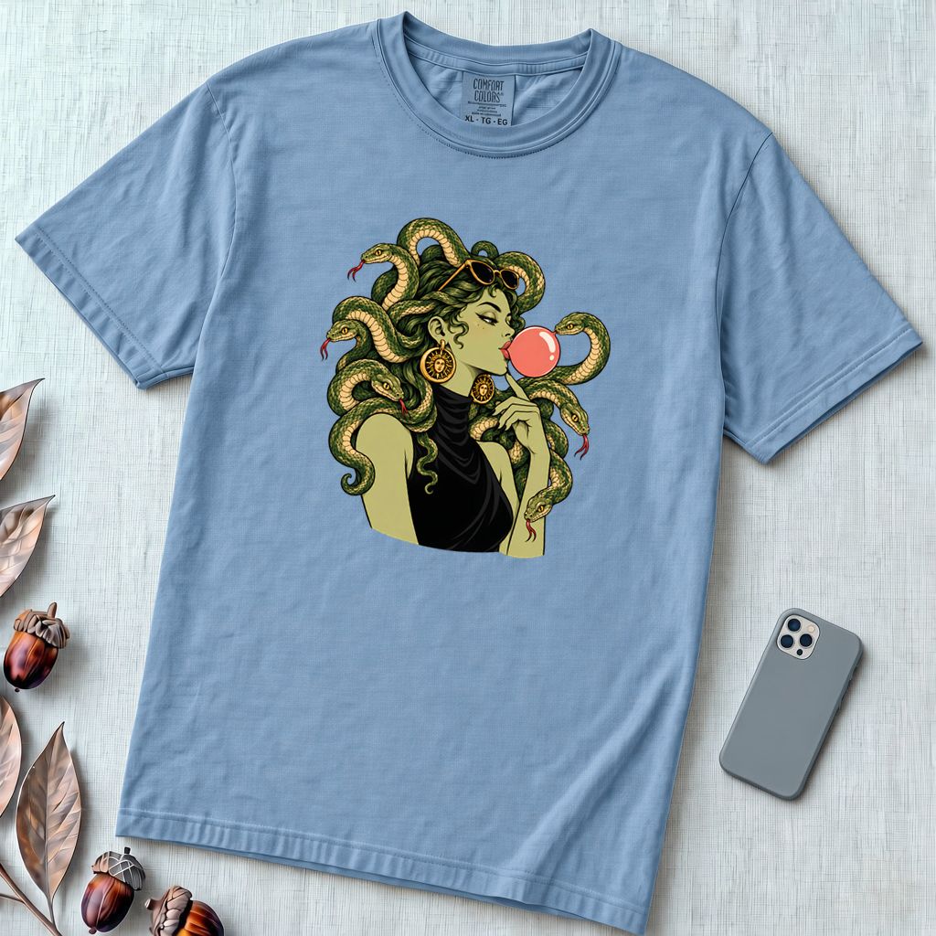 Medusa Bubblegum T-Shirt - Washed Denim unfolded t-shirt mockup