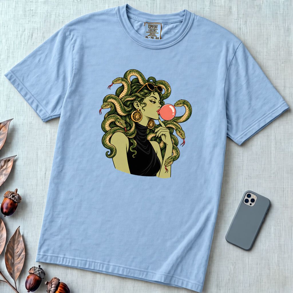 Medusa Bubblegum T-Shirt - Washed Denim unfolded t-shirt mockup
