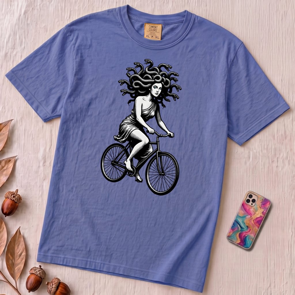 Medusa Gorgon on a Bicycle T-Shirt, Greek Mythology Tee - Flo Blue unfolded t-shirt mockup